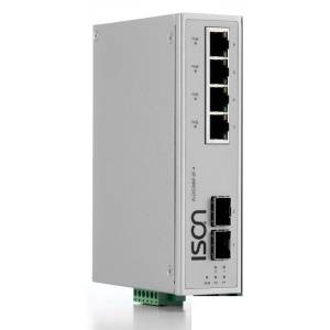 IS-DG306P-2F-4 Industrial DIN-Rail Unmanaged 6-port IEEE802.3af/at Power-over-Ethernet Switch with 4x 1000 Base-TX ports and 2x 1000 Base-FX SFP Slots, 4 PoE output(max. 30W per Port), -40...+75C operating temperature, Dual DC