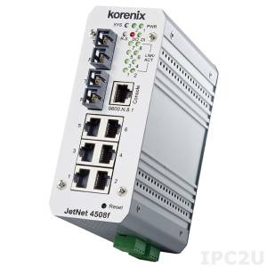 JetNet 4508f-sw v2 Korenix Industrial Web-Managed 6x10/100Base-TX Ethernet Ring Switch and 2x100Base-FX Ports (SC or ST Connector by request) / Single-Mode, Support Modbus TCP/IP, Wide Temperature -40..+75 C