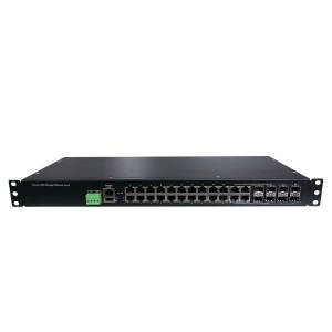 RP628-AC-P200+2DC54V-E/U Industrial IP30 Rackmount PoE Switch, 20-Port 10/100/1000Base-T witn 802.3af/at PoE, 4-Port 100/1000M SFP, 4-Port 100/1000M RJ45/SFP Combo witn 802.3af/at PoE, 1xDB9, 1xUSB, 1xDI, 1xDO, L3 Managed, VRRP v2, ERPS v2, 90..264VAC + Dual 54VDC, -40..70 C