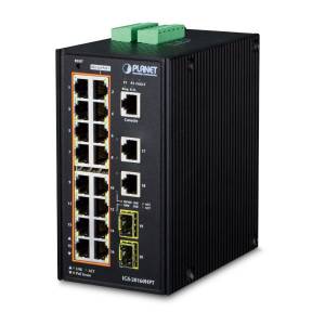 IGS-20160HPT Industrial Power-over-Ethernet DIN-Rail Managed Switch with 16x1000 802.3at PoE, 2x1000X SFP, 2x1000 Base(T), DIDO, ERPS Ring, 1588, ONVIF, -40...+75C operating temperature, Dual DC 48-56V Power Input