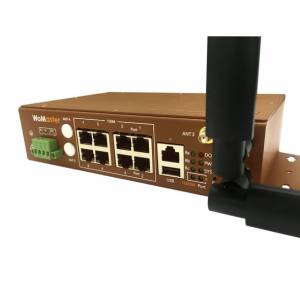 WR319PA-WLAN LTE IP30 Routing Switch EN50155, 8-Port 10/100Base-TX with IEEE 802.3af/at PoE/PoE+, 1-Port 100/1000Base-T, 802.11ac/n WLAN, 1xDB9, 5xRP-SMA, 1xUSB, 2xSIM, DI, DO, 8..54VDC, -40..70 C Operating Temperature