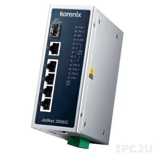 JetNet 3906G Korenix Industrial Unmanaged Ethernet Switch, 6xGbE PoE (IEEE 802.3af/at), 1xGbE SFP Fiber Uplink port, 1xGbE RJ-45 Uplink port, DC-In 12V-36V, Embedded DC 48V Booster, -40~75C