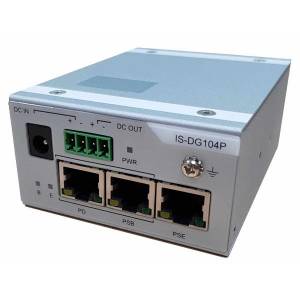 IS-DG104P-3-A Industrial Power-over-Ethernet Injector, Layer 2, with 1x 1000 PoE Port, 1x 1000 PoE PSB Port, 2x 1000 PoE PSE port, 110/220VAC In, 12VDC Out,PoE PSE, PoE Splitter, -40..+75C Operating Temperature