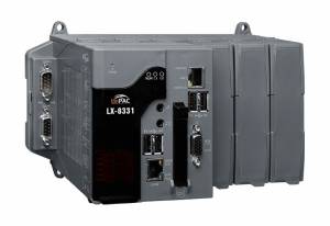LX-8331 PC-compatible industrial controller, RDC R3600 1.0 GHz CPU, 2GB DDR3, 32GB mSATA SSD, 8GB CF, VGA, 2xRS-232, 1xRS-485, 1xRS-232/485, 4xUSB, 2xEthernet, 3 Expansion Slots, Linux kernel 3.2