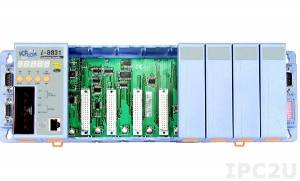 I-8831-80-MTCP PC-compatible 80MHz Industrial Controller, 512kb Flash, 512kb SRAM, 2xRS232, 1xRS232/485, Ethernet 10BaseT, 7-Segment Display, Mini OS7, Modbus/TCP, 8 Expansion Slots