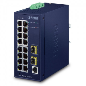 IGS-4215-16T2S L2 Managed Ethernet Switch with 16x10/100/1000 Base T, 2x100/1000X SFP ports, ERPS Ring, IEEE 1588, Modbus TCP, Cybersecurity features, Dual 12-48VDC -40..75C Operating Temperature