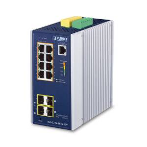 IGS-5225-8P4S-12V Industrial Power-over-Ethernet DIN-Rail Managed L2+ Switch w/ 12V Booster with 8x10/100/1000 BASE-T PoE+ Ports, 2x100/1G BASE-X SFP Ports, 2x100/1000/2500 BASE-X SFP Ports, 2xDI/O, Dual redundant 12-54V DC, -40...75C Operating Temperature