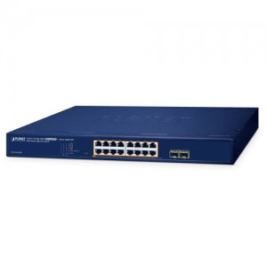 GS-2210-16P2S Ethernet Switch, 16-Port 10/100/1000BASE-T with PoE+, 2-Port 100/1000BASE-X SFP, Flash Memory 16Mb, 100..240 VAC, Operating Temperature 0..50 C