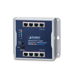 WGS-818HP Industrial Ethernet Switch with 8x1000 Base-T, 8x 802.3at PoE+ injector ports, 120W PoE budget, 4kV ESD protection, 48-56VDC, -20..60C Operating Temperature, Wall/DIN Rail mount