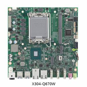 X304-Q670W Mini-ITX Mainboard, LGA1700, Intel 12th/13th Gen Core i9/i7/i5/i3 CPU, Intel Q670E Chipset, Up to 64GB DDR5 RAM, 3xHDMI/LVDS/eDP, 1xGbE LAN, 1x2.5 GbE LAN, 2xCOM, 4xUSB3.2, 4xUSB2.0, 1x8-bit GPIO, Audio, 1xSATA, 3xM.2, 12-24VDC-in, 0..60C