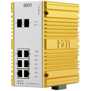 IS-DG508P-2F-6 Industrial 8-port DIN-rail Managed PoE Ethernet switch with 6x 1000 Base-TX and 2x 1000 Base-FX SFP Slot, w/ 8PoE IEEE 802.3af/at, Max. 2 Ultra PoE, 60 Watt, -40...+75C operating temperature, Dual DC