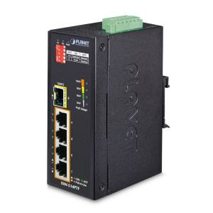 ISW-514PTF Industrial Power-over-Ethernet DIN-Rail Switch with 4x100Mbps 802.3at PoE+, 1x100Mbps SFP, 120W PoE budget, -40...+75C operating temperature, Dual redundant DC 12-48V Power Input