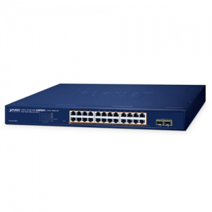 GS-2210-24P2S Ethernet Switch, 24-Port 10/100/1000BASE-T with PoE+, 2-Port 100/1000BASE-X SFP, Flash Memory 16Mb, 100..240 VAC, Operating Temperature 0..50 C