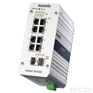 JetNet 3810GF Korenix Industrial Unmanaged PoE Ethernet Switch, 8x10/100Base-TX, 2x10/100/1000FX uplink Ports, 12..24VDC-in to PoE DC-out 48V