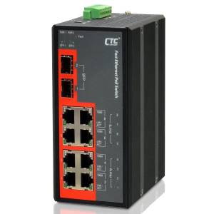 IFS-802GS-8PH Industrial Unmanaged Fast Ethernet Switch with 8x 100 Base-T PoE Ports, 2x 1000Base-X SFP Ports, Redundant Dual 48VDC Input Power, -10..+60C Operating Temperature, EN50121-4, EN61000-6-2, EN61000-6-4, CE, FCC certific