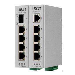 IS-DG305 Industrial 5-port DIN-Rail Unmanaged Ethernet Switch with 5x 1000 Base-TX ports, -40...+75C operating temperature, Dual DC Power Input