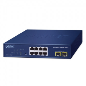 GS-2210-8T2S Ethernet Switch, 8-Port 10/100/1000BASE-T, 2-Port 100/1000BASE-X SFP, Flash Memory 16Mb, 100..240 VAC, Operating Temperature 0..50 C
