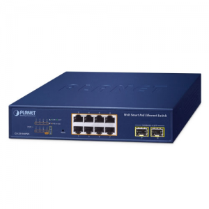 GS-2210-8P2S Ethernet Switch, 8-Port 10/100/1000BASE-T with PoE+, 2-Port 100/1000BASE-X SFP, Flash Memory 16Mb, 100..240 VAC, Operating Temperature 0..50 C