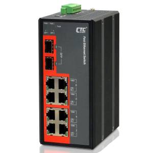 IFS-802GS Industrial Unmanaged Fast Ethernet Switch with 8x 100Base-TX Ports and 2x 1000Base-X SFP Ports, Redundant Dual 12/24/48VDC Power Input, -10..+60C Operating Temperature